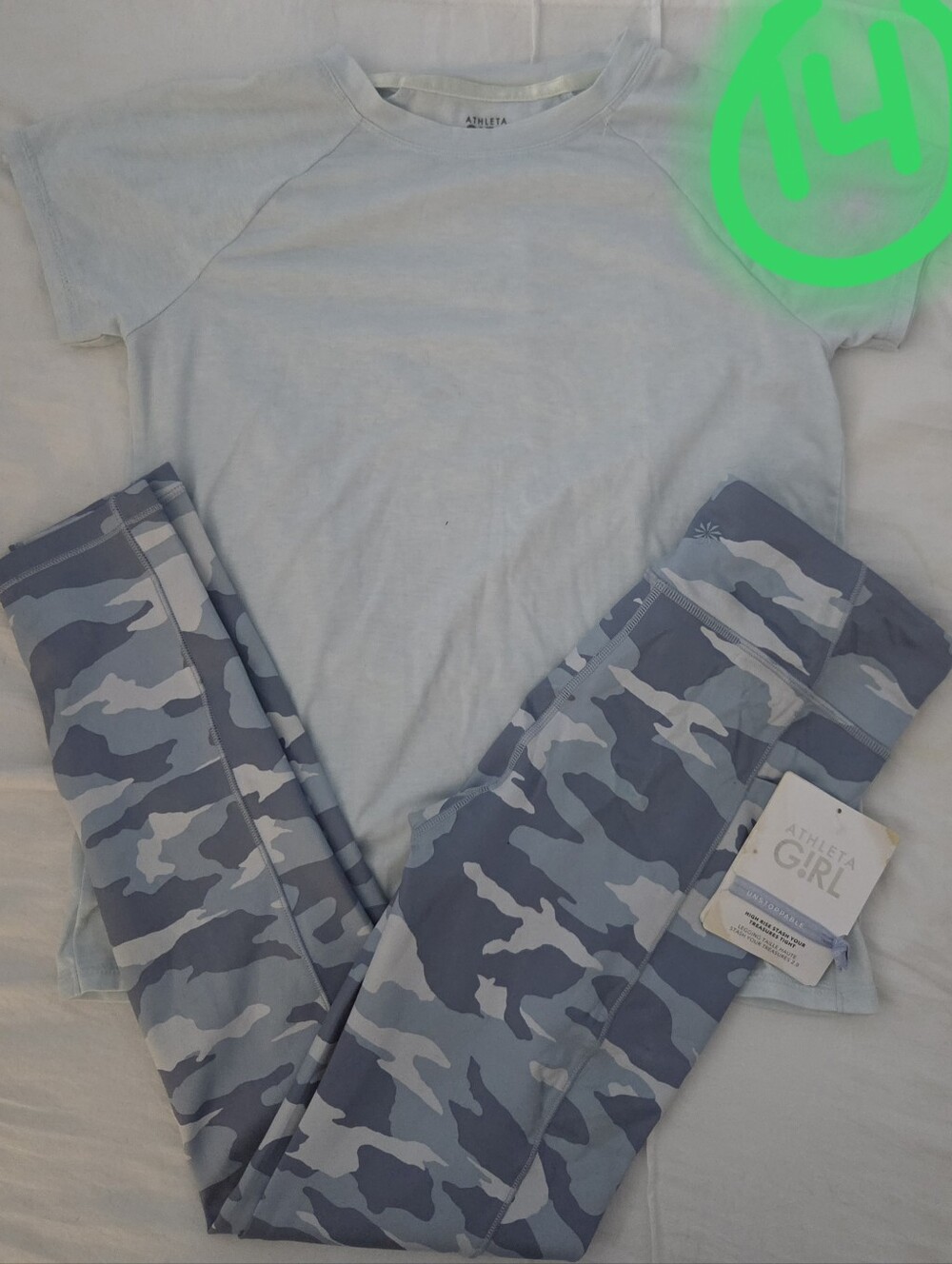 Athleta Girl Light Blue & Gray Camo Legging & Top Set Girl's Size 14